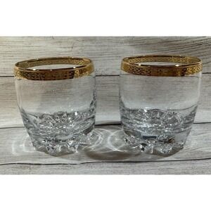 Lot of 2 VTG Double Old Fashion Glasses Circleware Crystal Gold Rim MCM Barware